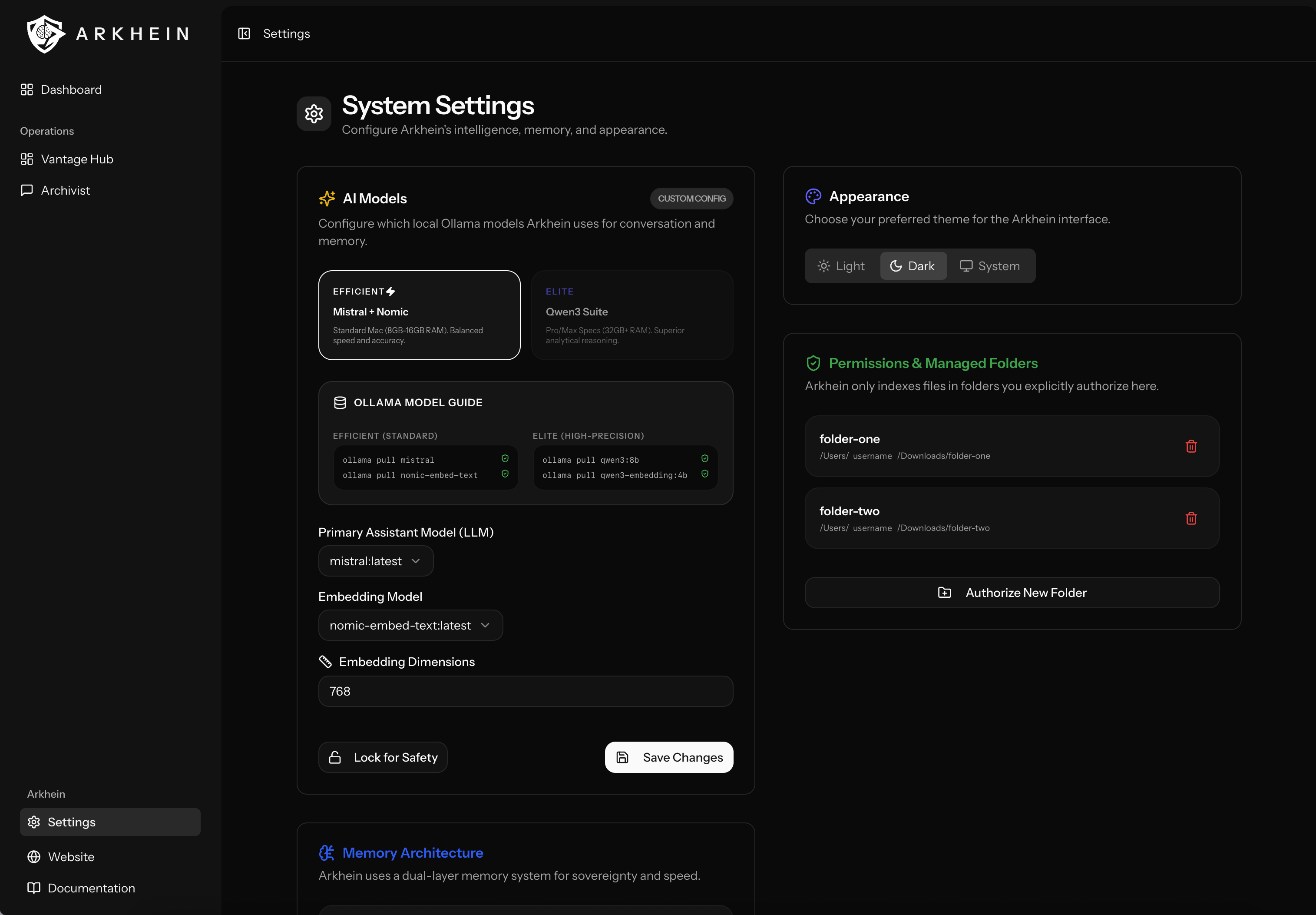 Arkhein Settings Interface